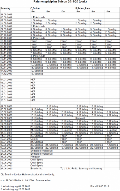 Rahmenspielplan der Junioren Saison 2019/2020