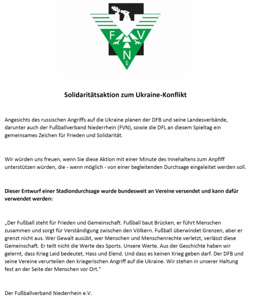 FVN/DFB: Minute des Innehaltens: Solidaritätsaktion zum Ukraine-Konflikt