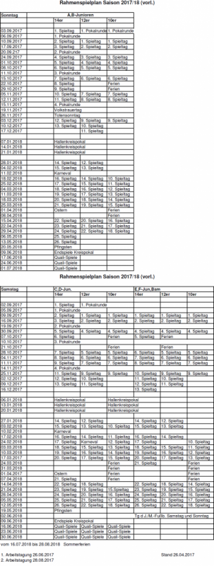A-G Junioren vorläufiger Rahmenspielplan Saison 2017/2018