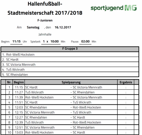Spielpläne Hallenfußballstadtmeisterschaften Junioren 17/18