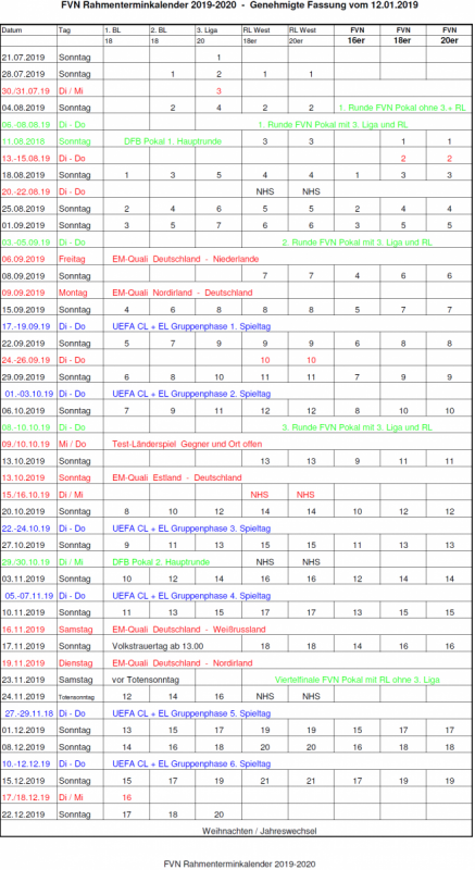 Rahmenterminkalender der Herren für die Saison 2019/2020